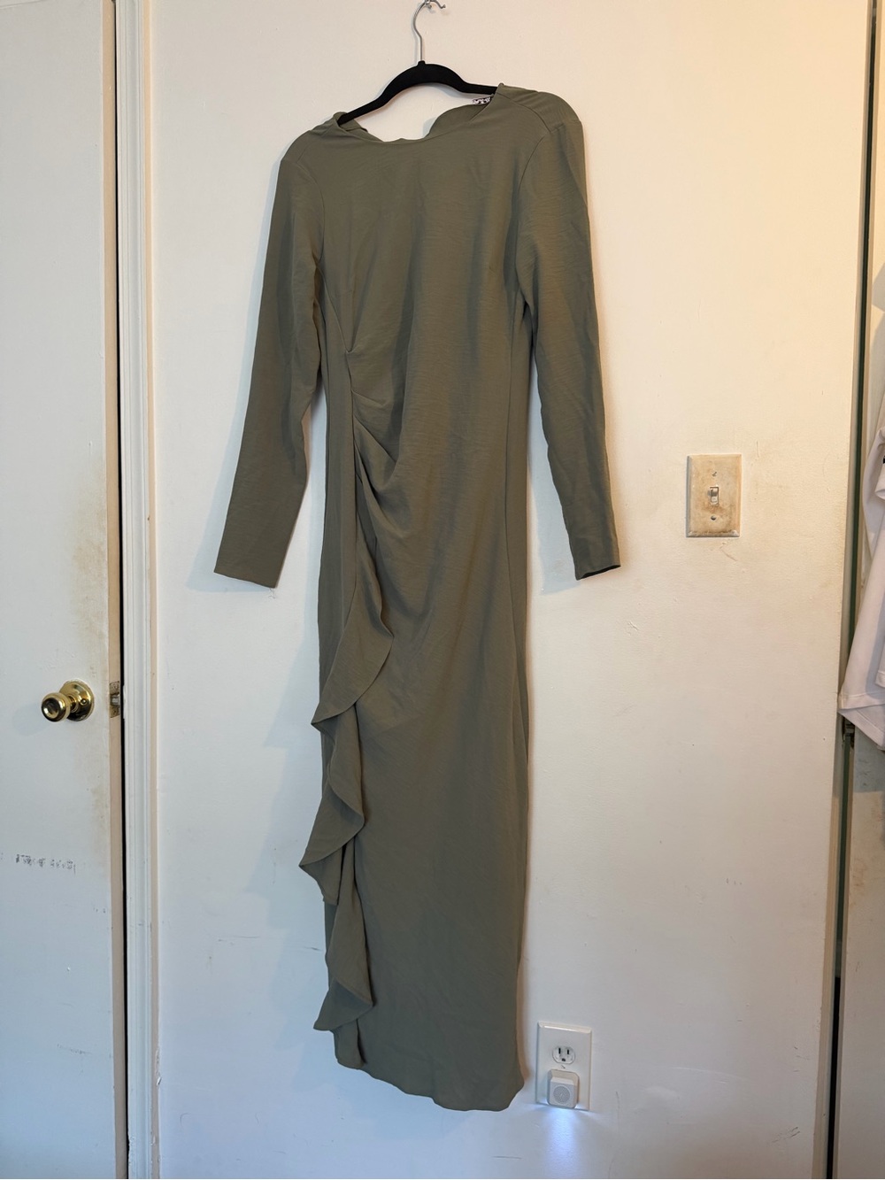 ASOS Olive Green Long Sleeve Ruffle Midi Dress